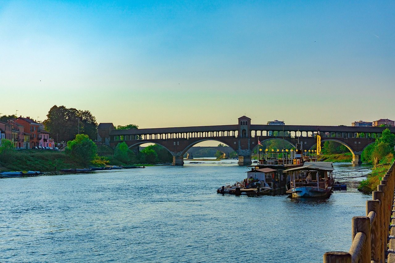 pavia, covered bridge of pavia, bridge of pavia, bridge, ticino, borgo ticino, urban, city, river, the river ticino, sunset, water, lombardy, nature, italy, travel